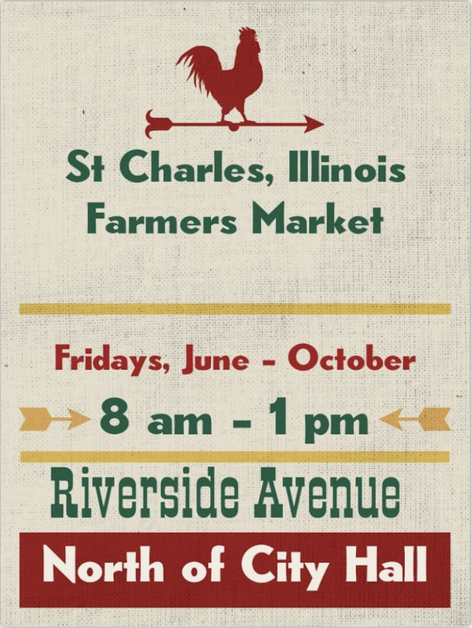 Vendors and visitors at the St. Charles Farmers' Market with fresh produce and flowers
